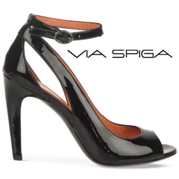 Via Spiga Shoes - 𝗩𝗜𝗔 𝗦𝗣𝗜𝗚𝗔 "V-Rochelle" Black Ankle Strap Patent Leather Peep Toe Heels
